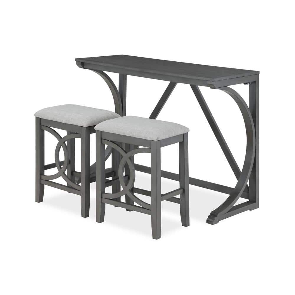 Gray Solid Wood Counter Table Set with Upholstered Stools