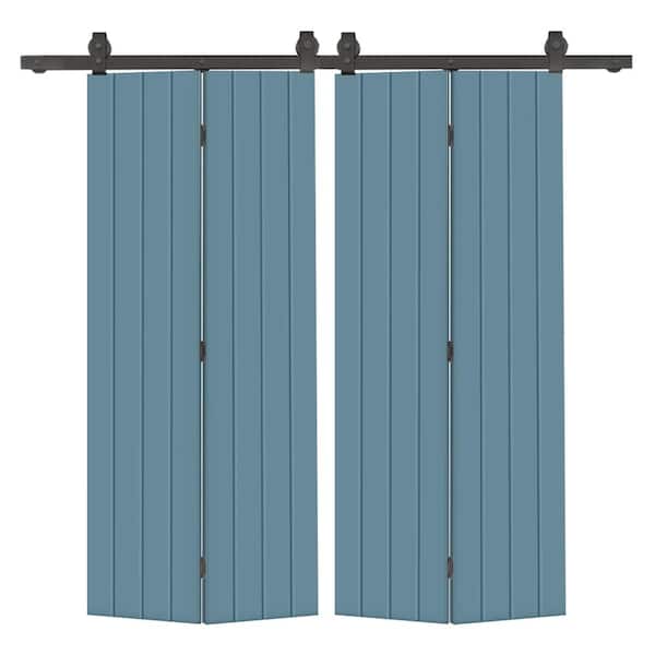 CALHOME 40 in. x 80 in. Hollow Core Dignity Blue Painted MDF Composite Modern Bi-Fold Double Barn Door with Sliding Hardware Kit