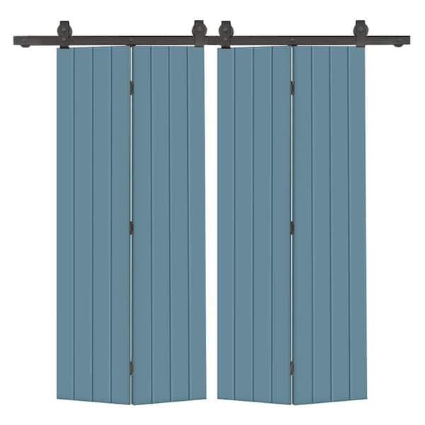 CALHOME 52 in. x 80 in. Hollow Core Dignity Blue Painted MDF Composite Modern Bi-Fold Double Barn Door with Sliding Hardware Kit