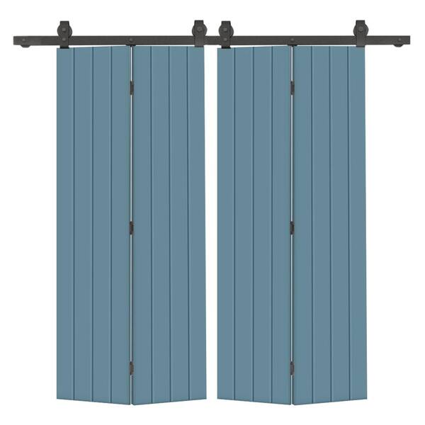 CALHOME 64 in. x 80 in. Hollow Core Dignity Blue Painted MDF Composite Modern Bi-Fold Double Barn Door with Sliding Hardware Kit