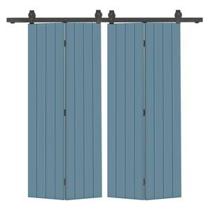 64 in. x 84 in. Hollow Core Dignity Blue Painted MDF Composite Modern Bi-Fold Double Barn Door with Sliding Hardware Kit