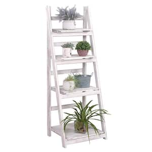 45 in. White Foldable Ladder Shelf Patio Rustic Wood Plant Stand with Shelves 4 Tier for Outdoor