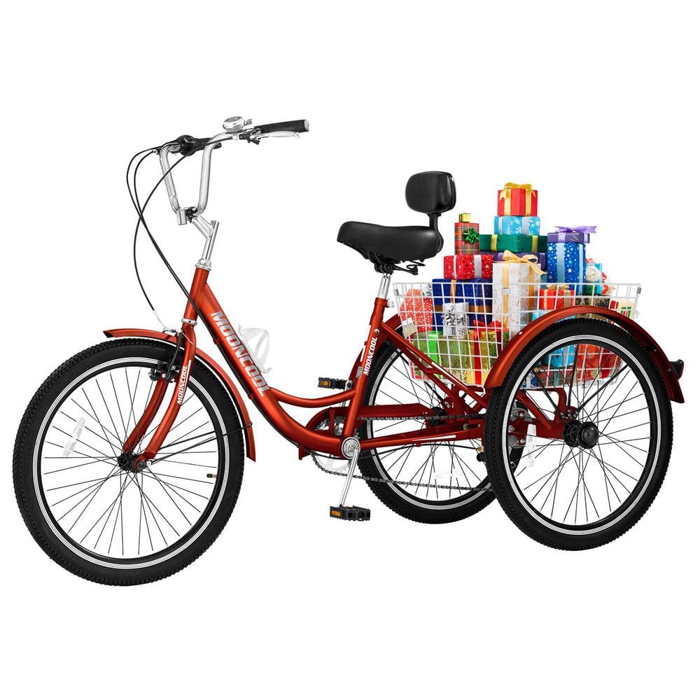 MOONCOOL Tricycle 24 in., 3 Wheel 7 Speed Bikes Cruise Trike with Shopping Basket for Adult Tricycle, Oranges/Peaches