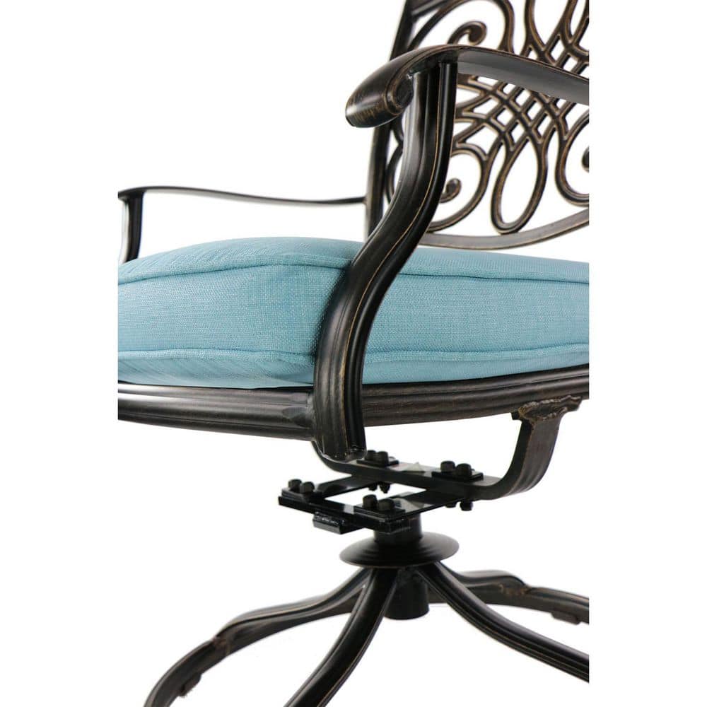 Bronze Cast Aluminum Round Outdoor Dining Set with Blue Cushions