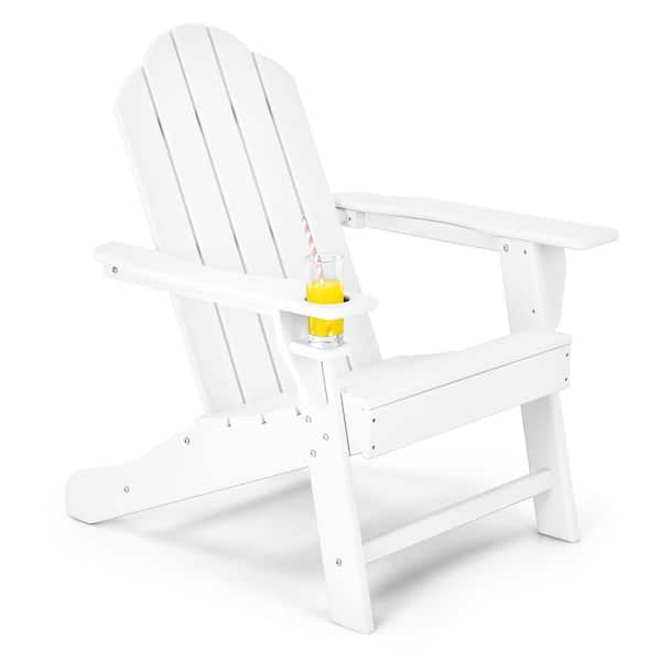 Costway White Plastic Patio Adirondack Chair Weather-Resistant Garden Deck with Cup Holder