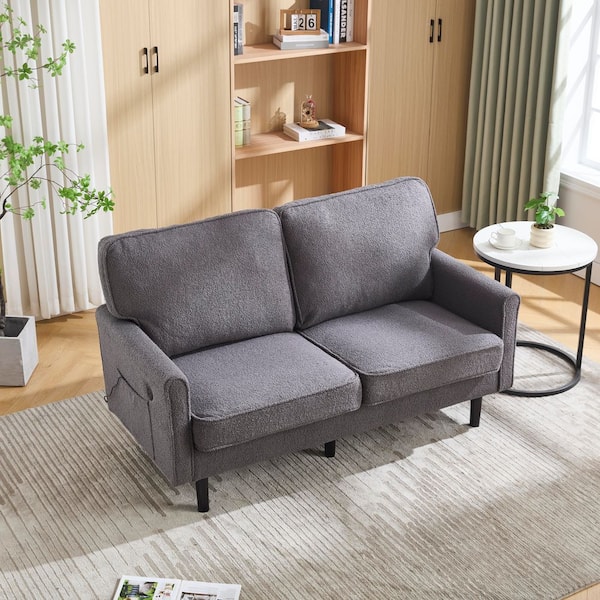 57 in. Mid Century Modern Boucle Loveseat Sofa with USB and Removable Pillow Cover in Gray
