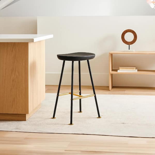 Elira Black and Gold Mango Wood Backless Barstool
