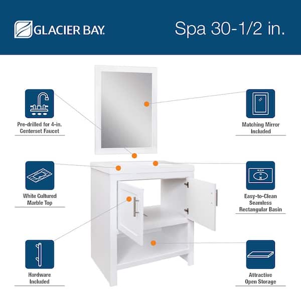 Spa 30 in. W x 18.75 in. D Bath Vanity in White with Cultured Marble Vanity Top in White with White Sink and Mirror