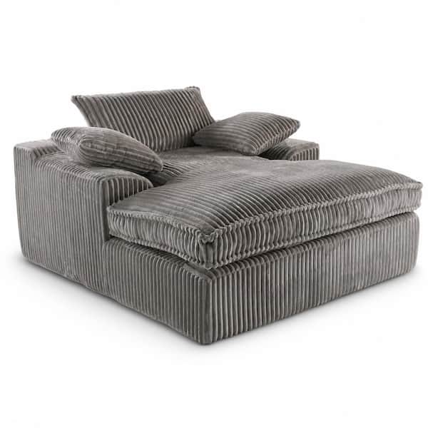 67" Indoor Oversized Chaise Lounge for Two, Gray Plush Wide-Stripe Fabric with Soft Cushioning and Armrests