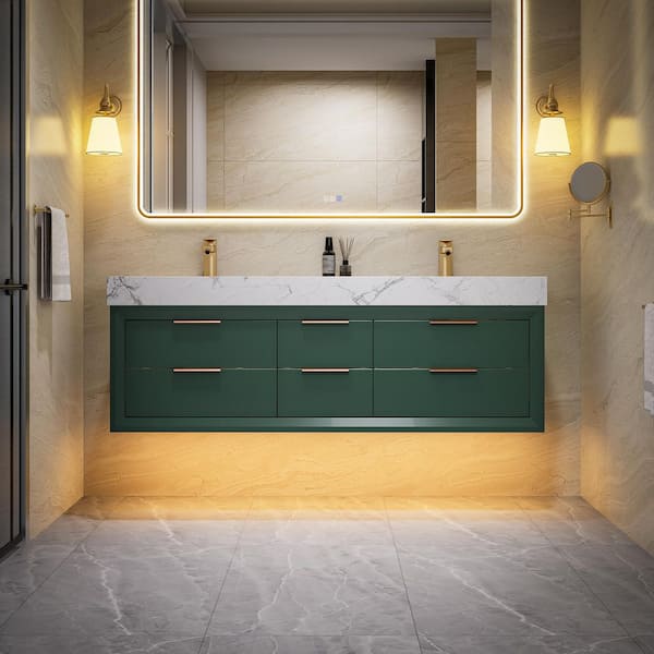 ExBrite Solidoak 60 in. W x 20.9 in. D x 21.3 in. H Double Sink Bath Vanity in Green with White Cultured Marble Top