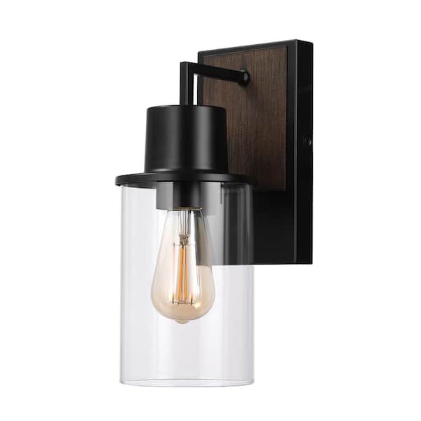 Globe Electric 1-Light Matte Black and Faux Wood Outdoor Wall Sconce with Clear Glass Shade