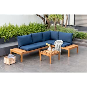 Molokai 3-Piece Wood Patio Conversation Set with Blue Cushions