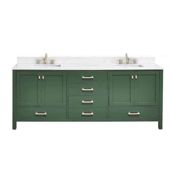 Bath Mist 84 in. W. Double Sink Freestanding Bath Vanity in Green with White Engineered Top