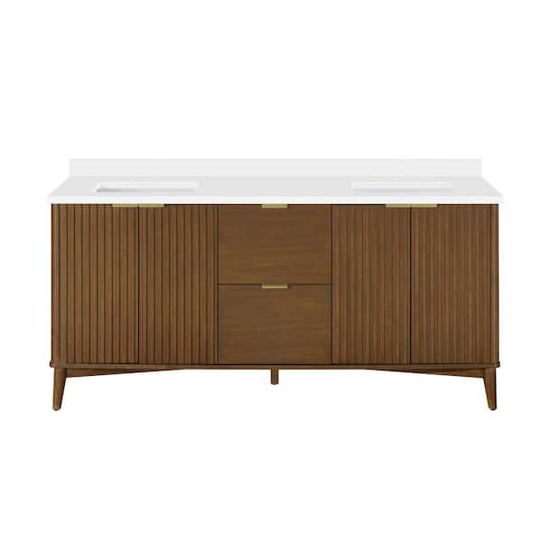 Gabi 72 in., Double Sink Warm Walnut Bath Vanity with White Engineered Stone Top (Assembled)