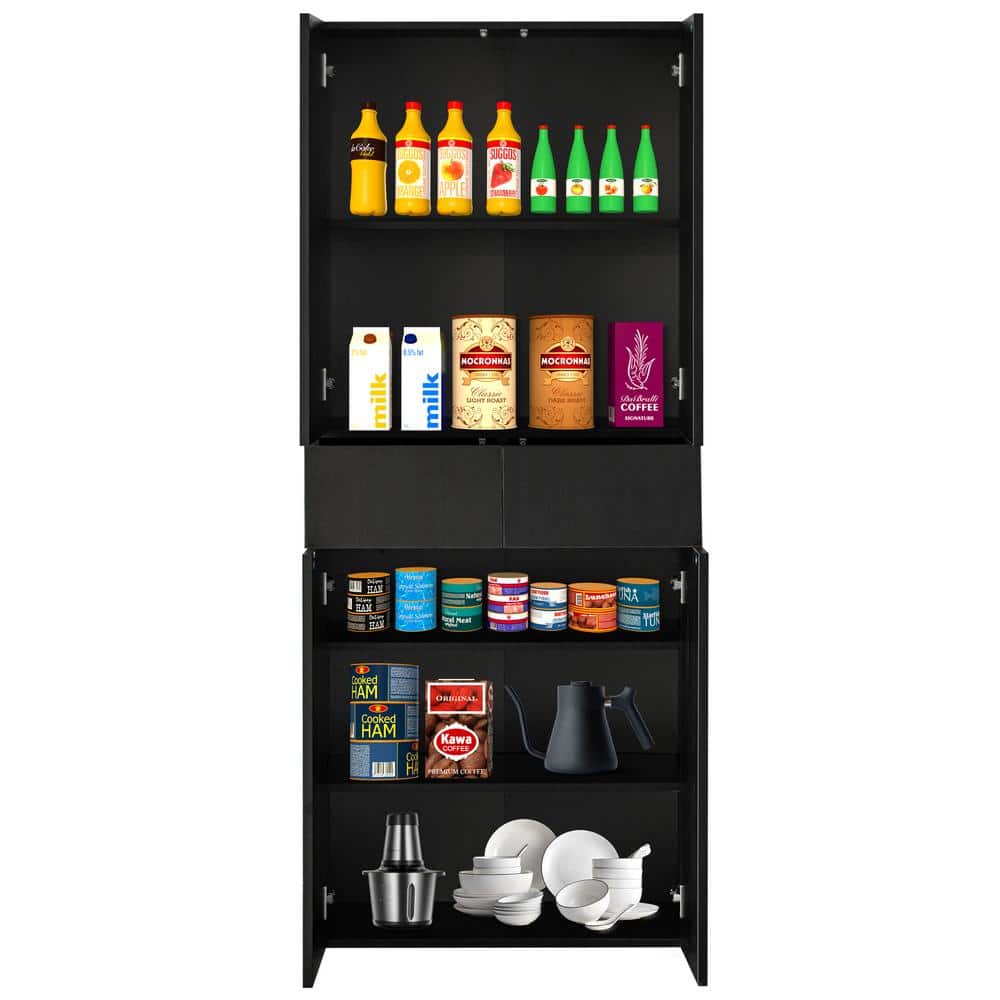Black Wood 66" Kitchen Pantry Cabinet with Adjustable Shelves and Drawer