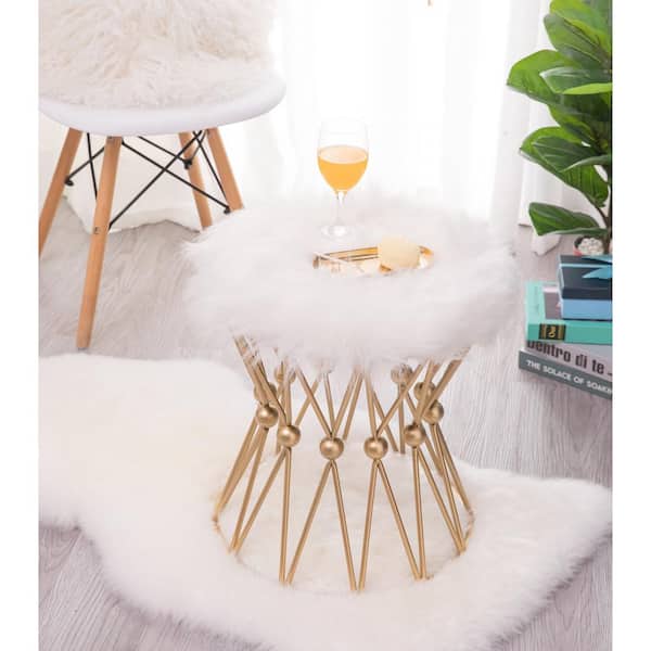 FABULAXE Round Gold Metal Accent Vanity Stool with White Fur Top