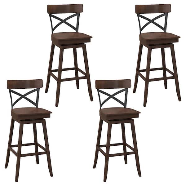 Gymax 29 in. Brown Set of 4 Metal Wooden Swivel Bar Stools Bar Height Kitchen Chairs with Back