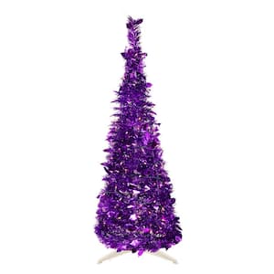 4 ft. Purple Pre-Lit Tinsel Pop-Up Artificial Christmas Tree, Clear Lights