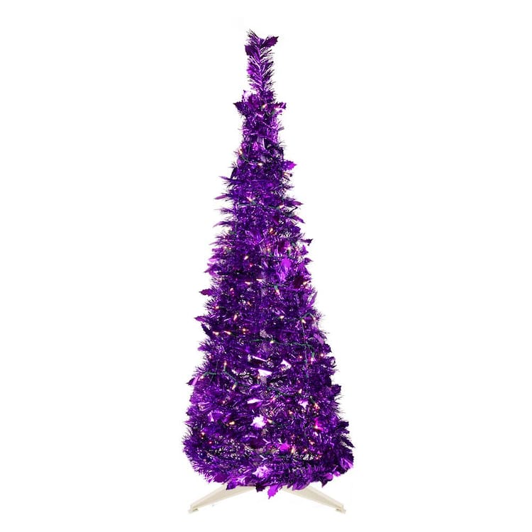 Northlight 4 ft. Purple Pre-Lit Tinsel Pop-Up Artificial Christmas Tree, Clear Lights