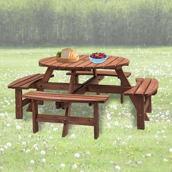 43.3 in. Brown Round Wood Picnic Tables 8 People with Umbrella Hole and 4 Built-in Benches 2220 lb. Capacity