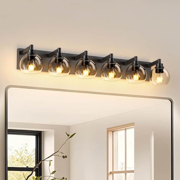 41 in. 6-Light Black Bathroom Vanity Light Fixture with Clear Globe Glass Shades, No Bulbs Included