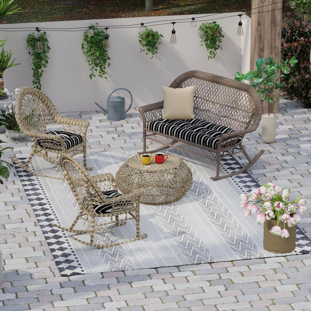 Platt Ink Black Stripe Tufted Outdoor Wicker Cushion Set