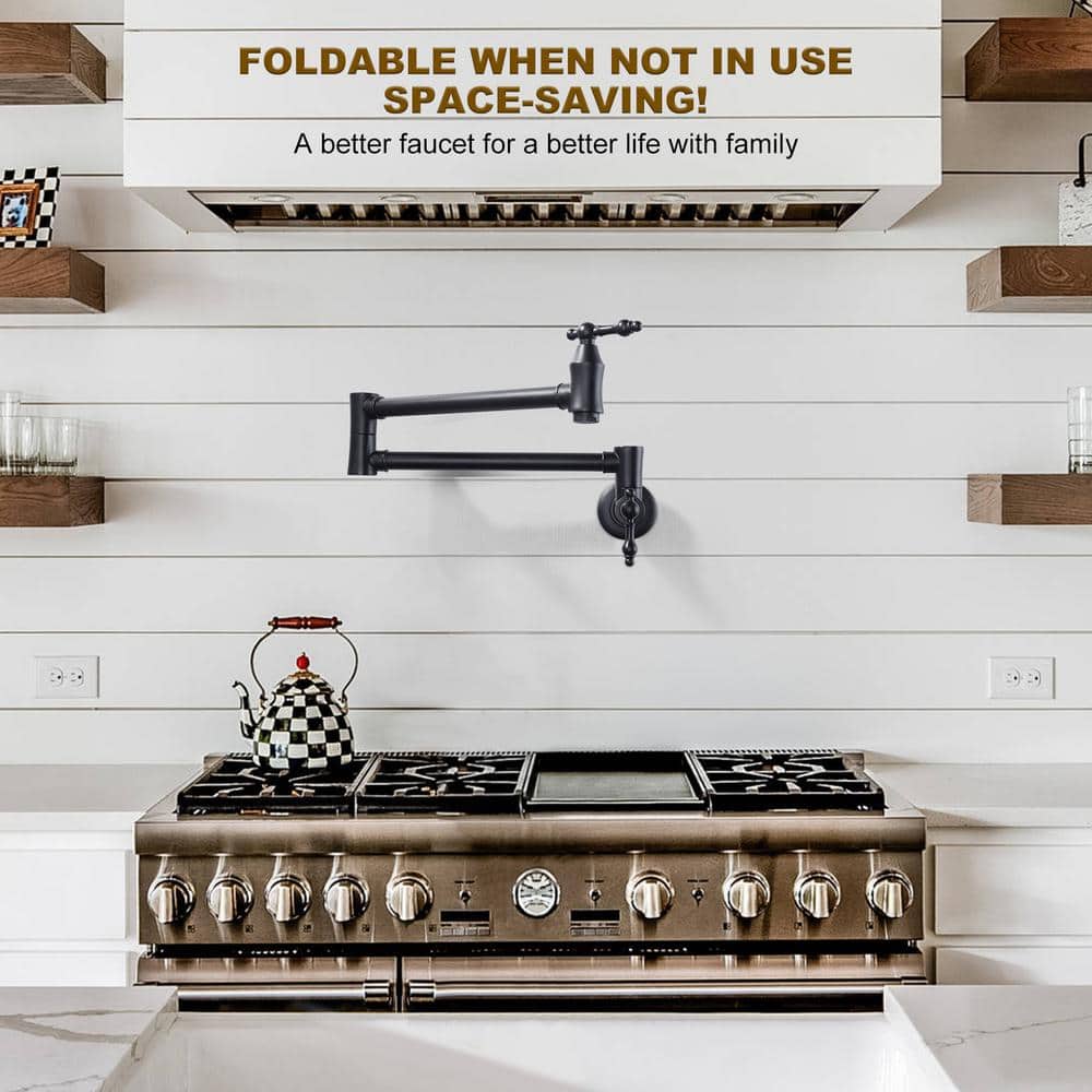 Matte Black Brass Wall Mounted Pot Filler Faucet with Double Joint Swing Arms