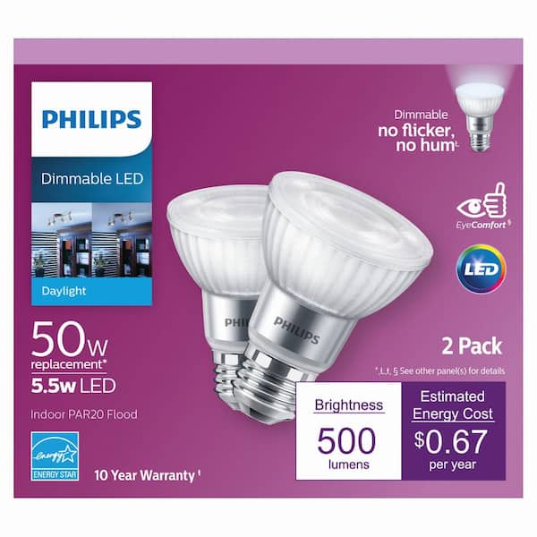 bad mechanisch Tahiti Philips 50-Watt Equivalent PAR20 Dimmable LED Flood Light Bulb Daylight  (2-Pack) 556621 - The Home Depot