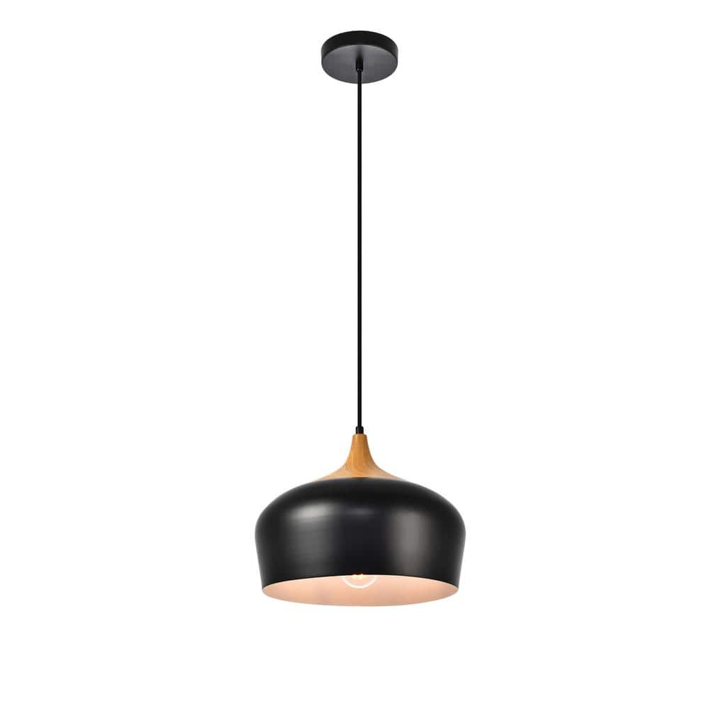 Timeless Home 11.5 in. 1-Light Black and Natural Wood Pendant Light, Bulbs 