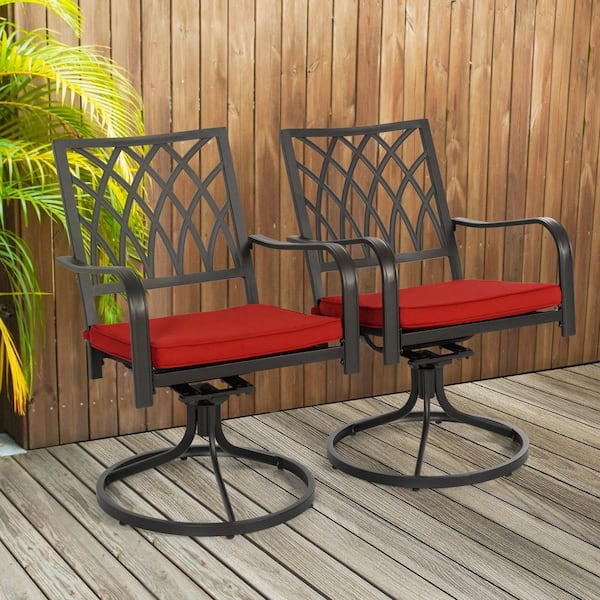 Black Metal Outdoor Dining Chairs with Red Cushions and Swivel Design (2-Pack)