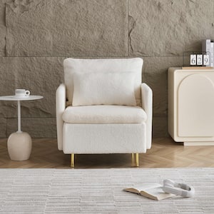 White Modern Accent Chair, Sherpa Upholstered Cozy Comfy Armchair with Pillow Single Club Sofa Chairs with Metal Legs