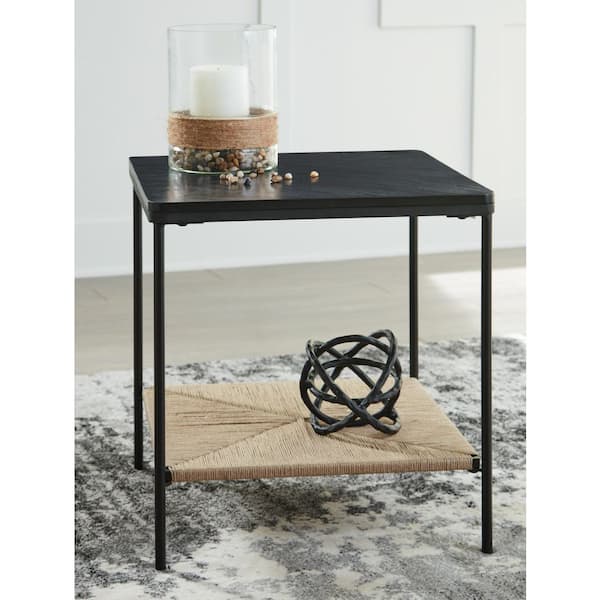 Signature Design By Ashley Minrich 20 in. Black Square Marble End Table with Storage and Shelves