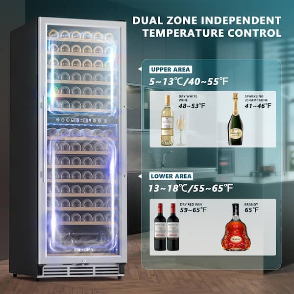 24 in. Dual Zone 154-Wine Bottles Beverage and Wine Cooler in Silver with Auto LED and Reversible Door