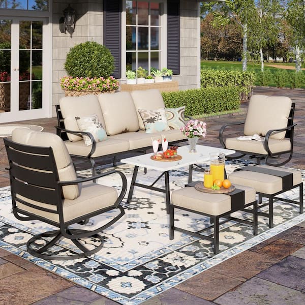 PHI VILLA Black Slatted 7-Seat 6-Piece Metal Outdoor Patio Conversation Set with Beige Cushions and Table with Marble Pattern Top