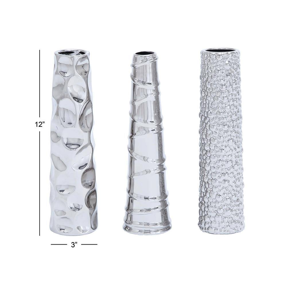 Elegant Trio Silver Ceramic Decorative Vases 12" Set of 3