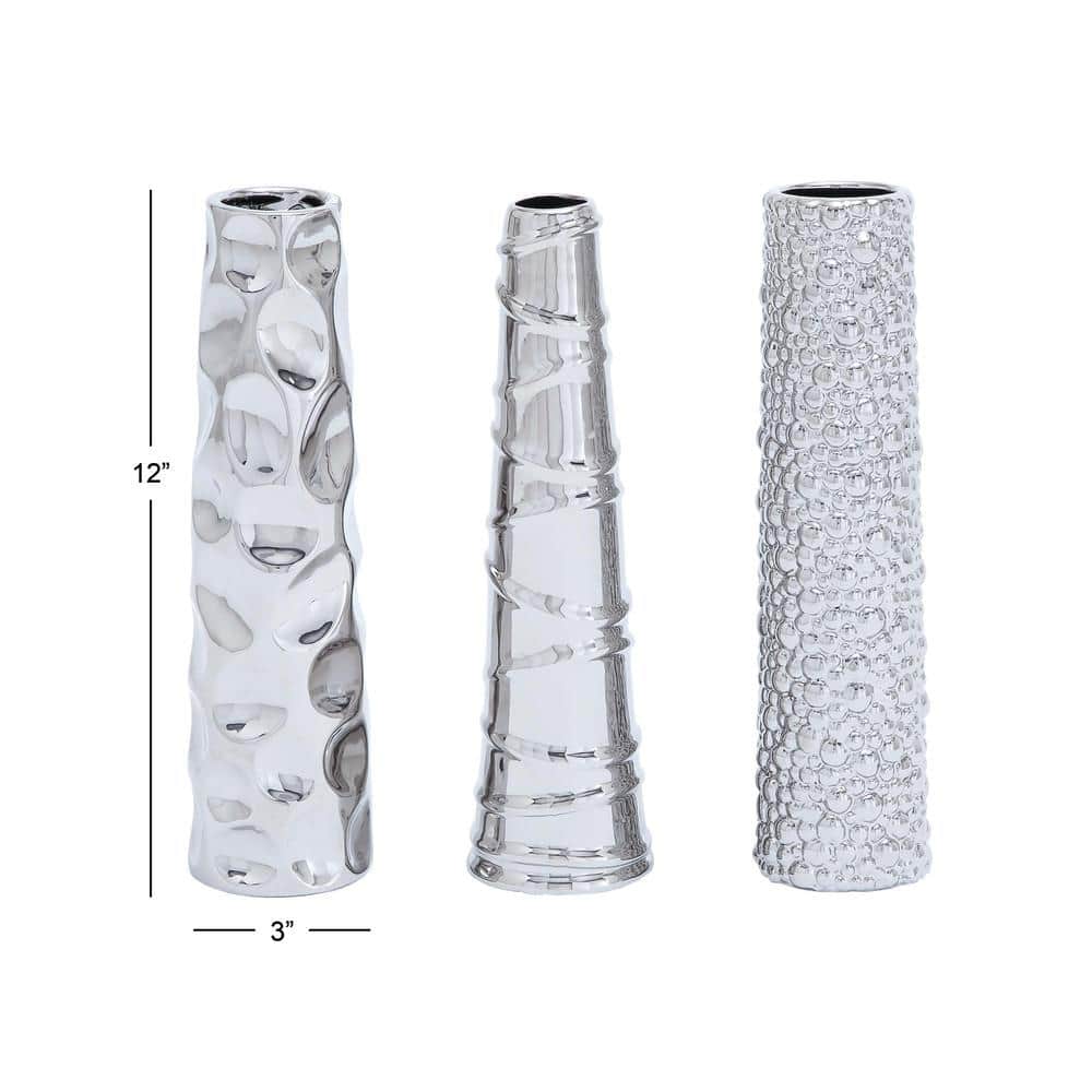 Elegant Trio Silver Ceramic Decorative Vases 12" Set of 3