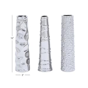 12 in., 3 in. Silver Slim Cone Shaped Ceramic Decorative Vase with Varying Textures (Set of 3)