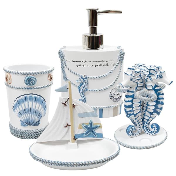Beach Life (4-Piece) Bathroom Accessory Set with Soap Pump, Tumbler, Toothbrush Holder and Soap Dish - White/Blue