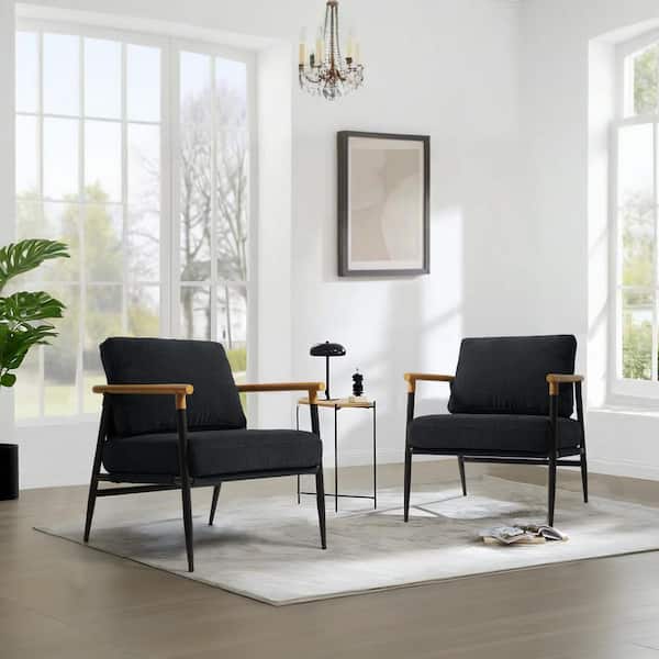 Modern Black Cotton Fabric Upholstered Arm Chair with Metal Legs(Set of 2)
