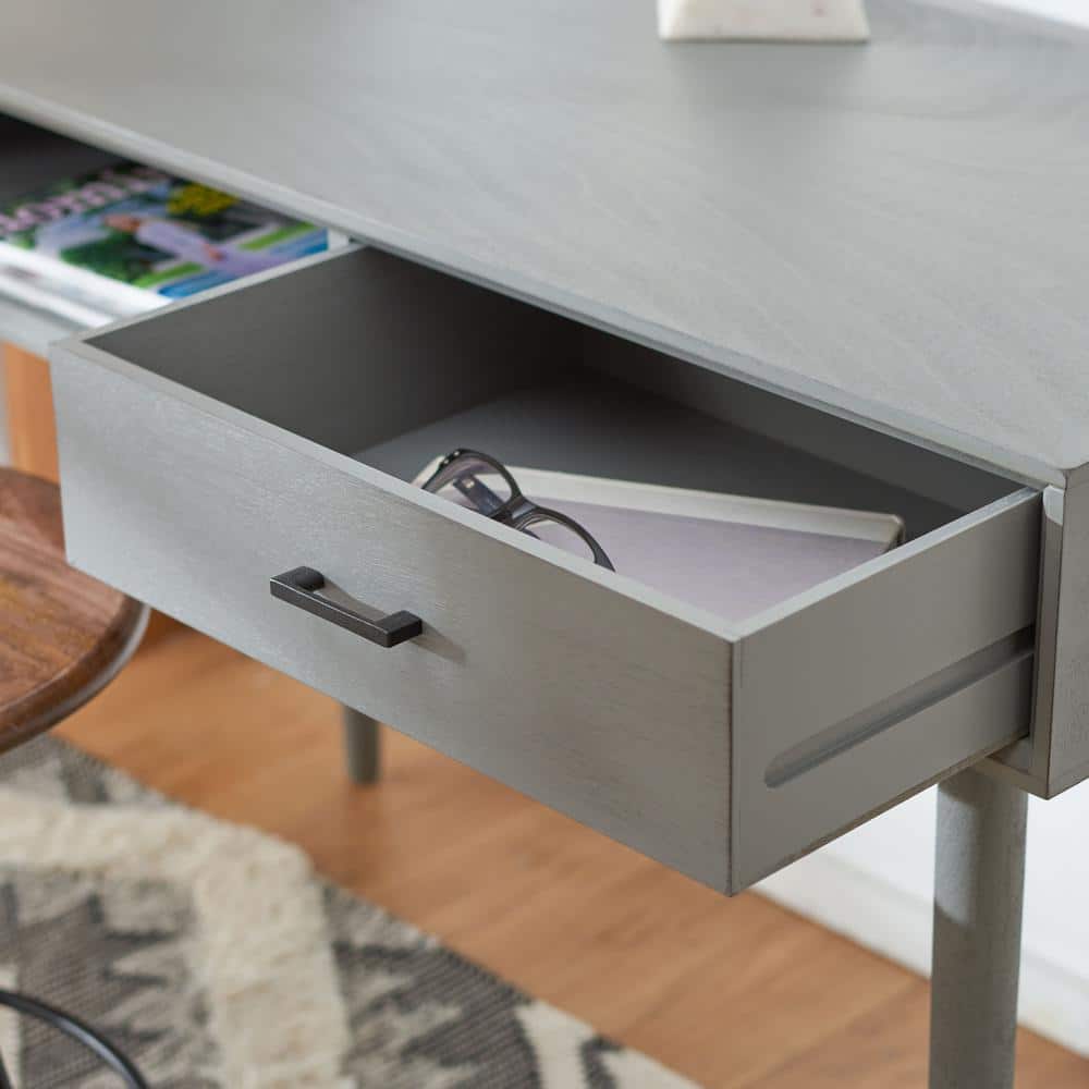 Distressed Grey Wood Mid-Century Writing Desk with Drawer