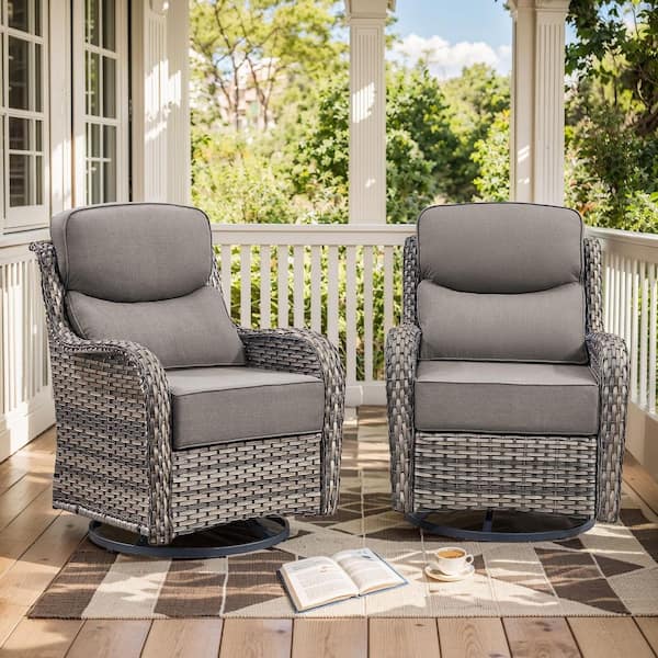 Luxurious Gray Swivel Glider Wicker Outdoor Rocking Chair with Gray Olefin 6 In. Thick Cushions (2-Pack)