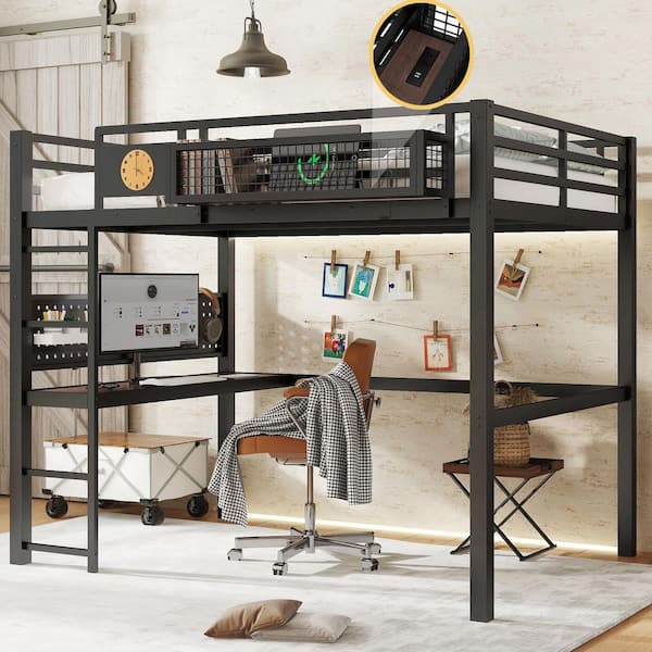 Black Full Wood/Metal Loft Bed with Desk,clock