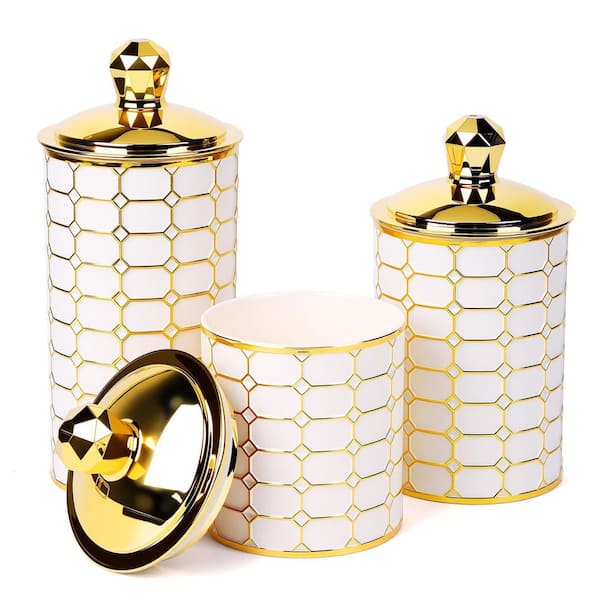 3-Piece Plastic Decorative Canister Set with Airtight Sealed Lids and Golden Accent Geometric Pattern