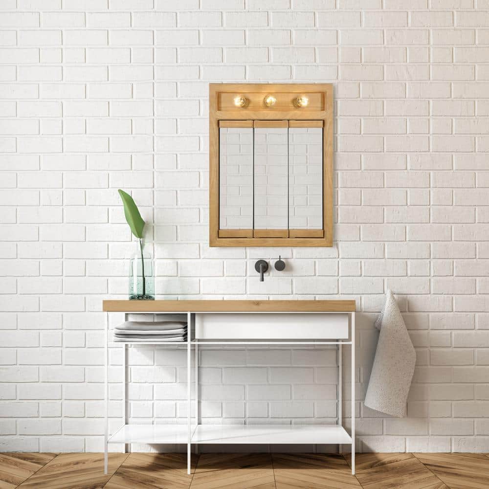 Nutmeg Oak Tri-View 24" Lighted Medicine Cabinet with Mirrored Doors