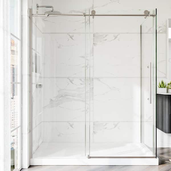56-60 in. W x 32 in. x 72 in. H Frameless Corner Sliding Shower Enclosure in Brushed Nickel with 5/16 in. Clear Glass