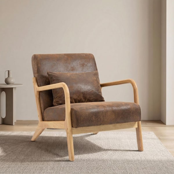 Demi Modern Antique Brown Cotton Fabric Upholstered Accent Arm Chair with Lumbar Pillow