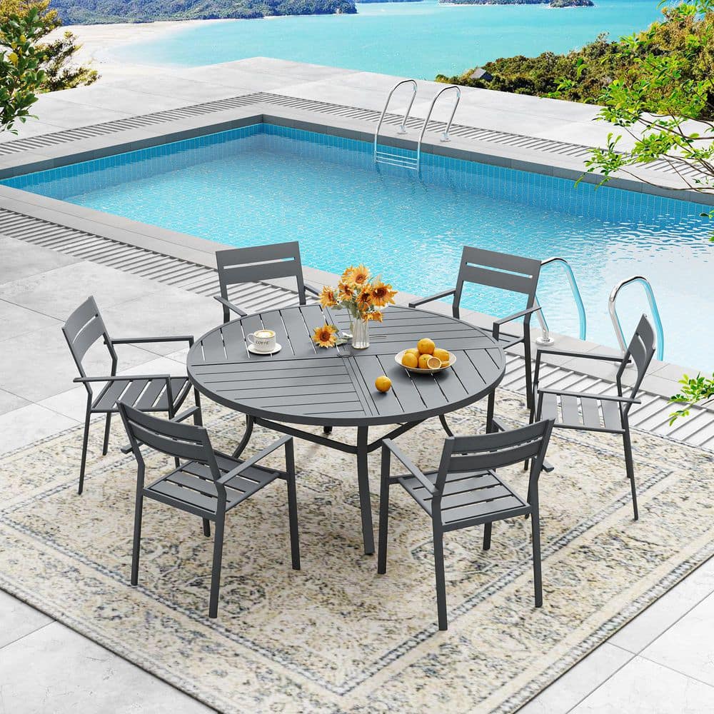7-Piece Metal Outdoor Patio Dining Set with 50 in. Grey Round Slatted Table and 6 Grey Stackable Dining Chairs price history on PriceWatchPro