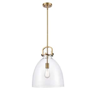 Newton Bell 1-Light Brushed Brass Shaded Pendant Light with Clear Glass Shade