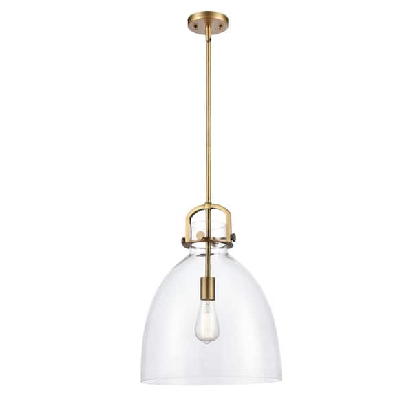 Newton Bell 1-Light Brushed Brass Shaded Pendant Light with Clear Glass Shade