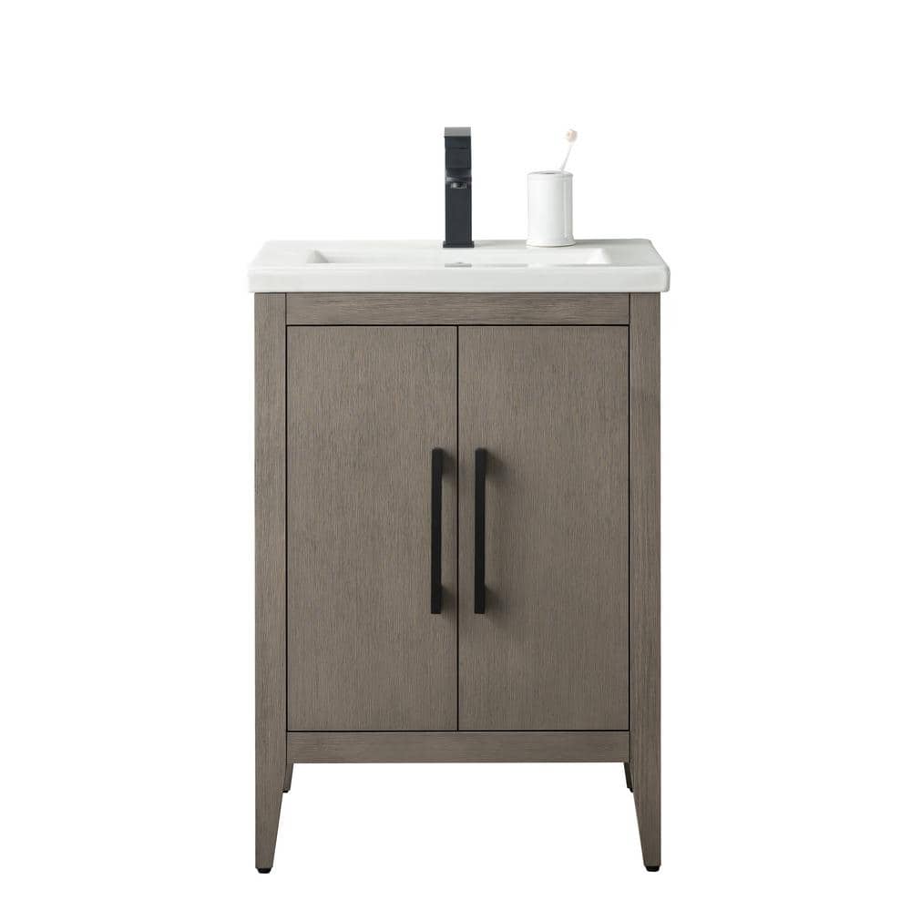 Driftwood Gray Poplar Wood Single Bathroom Vanity with White Ceramic Top
